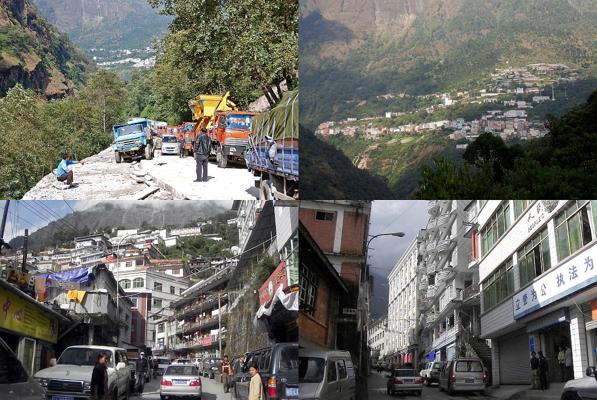 10 Truck Traffic Jam Between Friendship Bridge And Zhangmu Tibet, Zhangmu, Zhangmu Main Street The steep winding 8km road to Zhangmu is jam packed with trucks waiting to cross the border, slowing down our progress. We then drive through the narrow winding street of Zhangmu and stop to change some money.